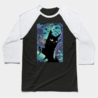 Black Cat With Monstera Leaves Baseball T-Shirt